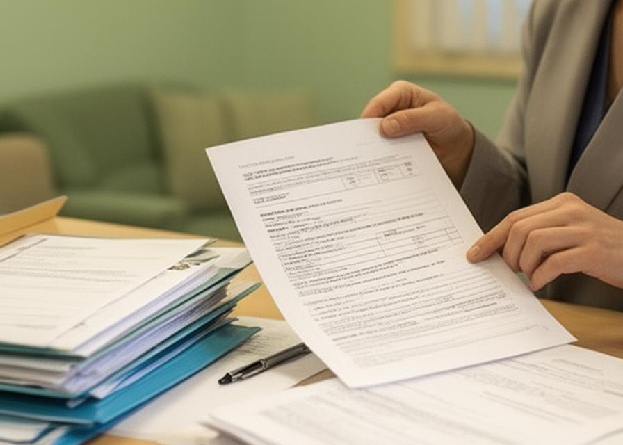 Clinic administrator reviewing consent paperwork in a calm consultation room with medical files