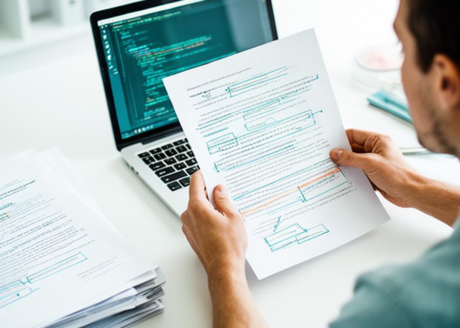 Developer reviewing a software agreement in a bright studio office with annotated pages and laptop